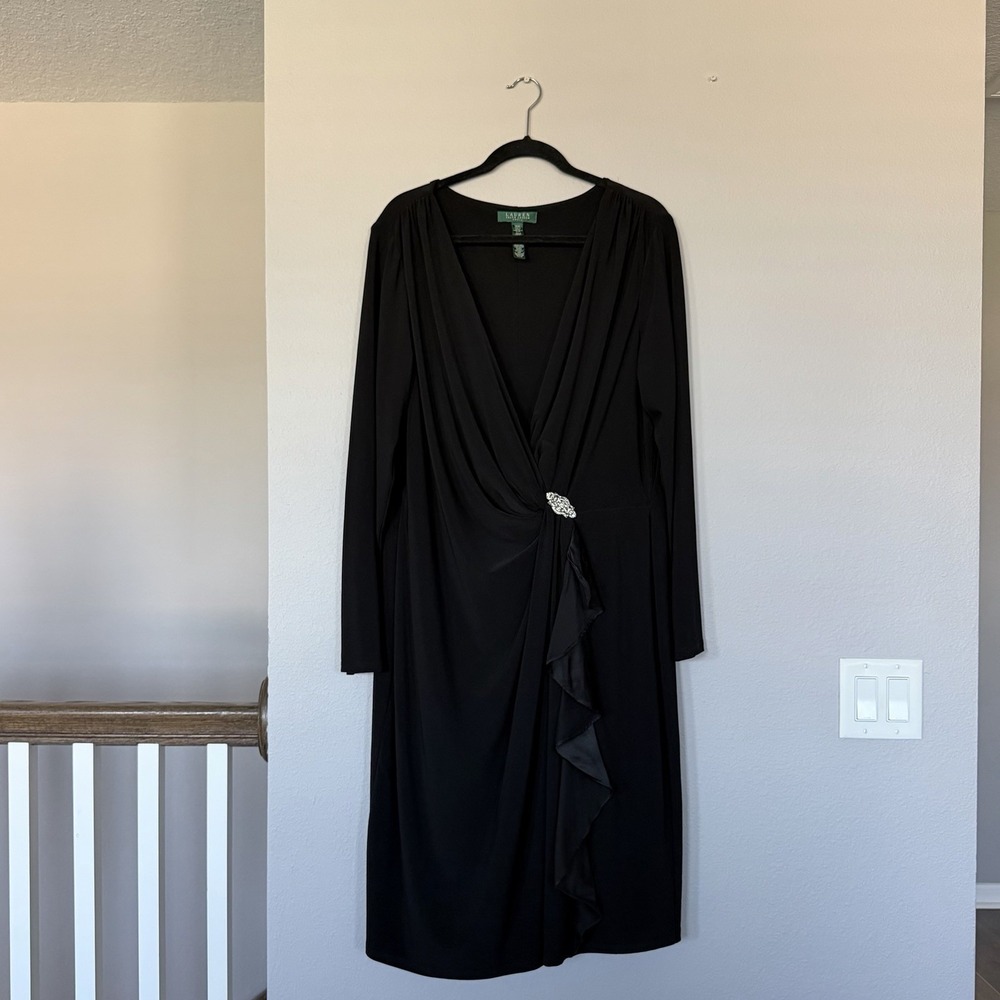 Lauren Ralph Lauren Black Faux Wrap Cocktail Dress 18W Old Money Quiet Luxury